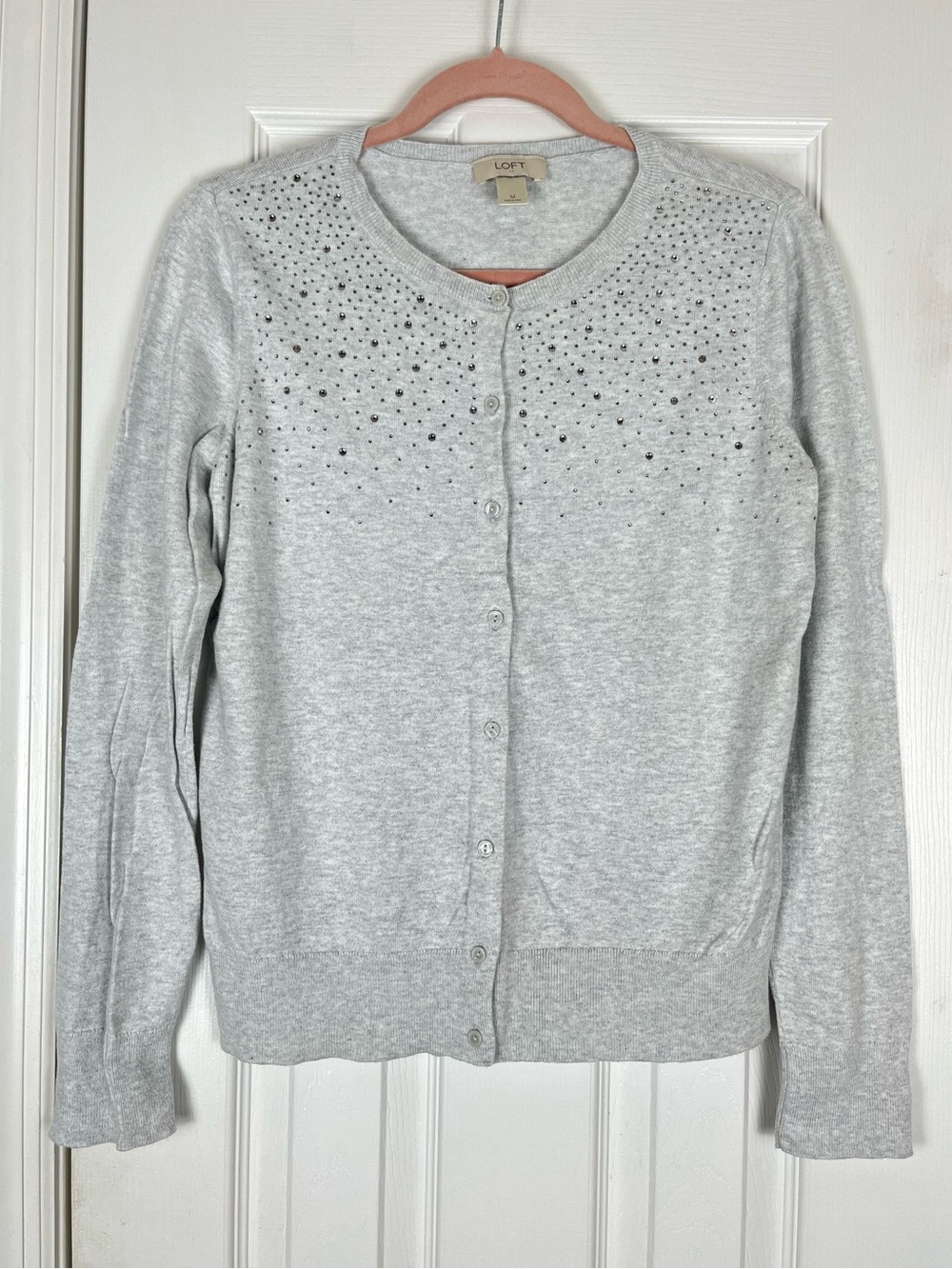 Ann Taylor Loft Rhinestone Embellished Gray Cardigan Sweater Sz M 100% Cotton